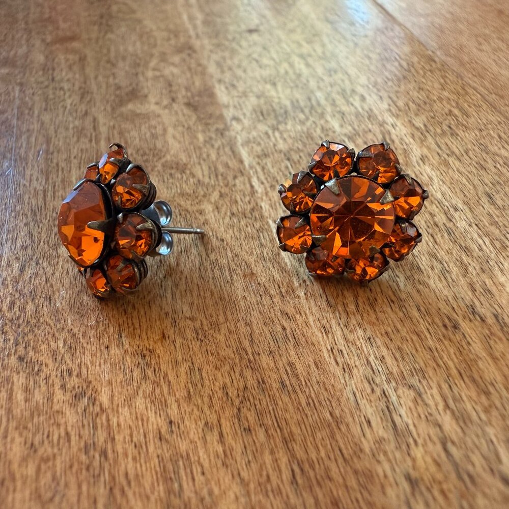 Vintage Orange Rhinestone Flower Floral Stud Earrings